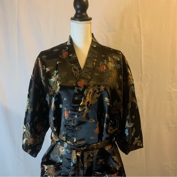 Lotus Black Kimono Full Length Robe with Pockets and Waist Tie - Picture 14 of 14